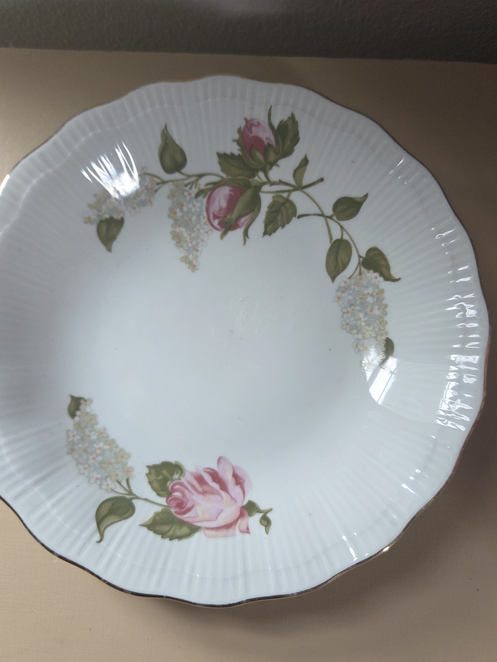 1950s Walbrzych Poland Briar Rose Coupe Soup Bowl 8.25" Gold Trim Fluted